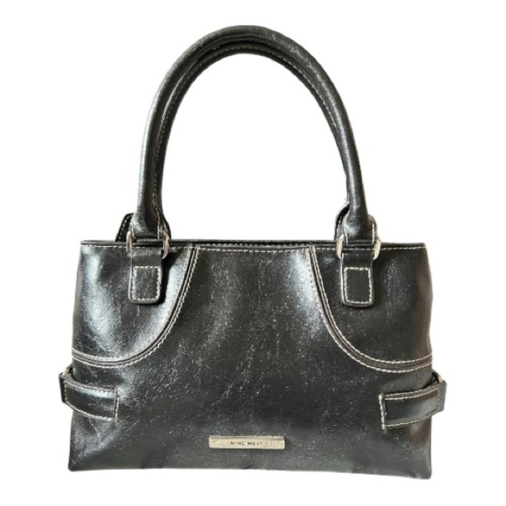 Nine West Vintage Black Faux Leather Mini Satchel with Contrast Stitching